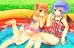  alternate_costume alternate_hairstyle arm_support bare_arms bare_legs barefoot bat_wings bikini bikini_skirt blush breasts crystal fang_out flandre_scarlet flower from_behind grass hair_between_eyes hair_flower hair_ornament lavender_hair lying multiple_girls niseneko_(mofumofu_ga_ienai) on_stomach one-piece_swimsuit open_mouth partially_submerged pink_bikini pool red_eyes red_swimsuit remilia_scarlet short_hair short_ponytail siblings side_ponytail sisters sitting small_breasts smile soles swimsuit thighs toes touhou vampire wading_pool water wavy_hair wings 
