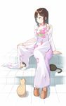  :3 animal bad_id bad_pixiv_id blush brown_eyes brown_footwear brown_hair cat collarbone floral_print full_body long_sleeves lying on_stomach original profile shoes sideways_mouth simple_background sitting smile stairs u_(mikaduki0720) vietnamese_dress white_background |_| 