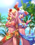  beach blonde_hair blue_eyes blue_hair blue_skirt breasts cure_sunset cure_wave day double_bun earrings flower hair_flower hair_ornament happinesscharge_precure! harihisa highres holding_hands interlocked_fingers jewelry large_breasts lips long_hair magical_girl multiple_girls navel ohana_(happinesscharge_precure!) open_mouth orange_hair orina_(happinesscharge_precure!) outdoors palm_tree precure sarong skirt smile swimsuit tan tree underboob water 