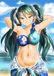  armpits arms_behind_head arms_up bare_shoulders beach bikini bikini_top blue_sky blush breasts cloud cloudy_sky collarbone day floral_print green_eyes green_hair hair_ribbon isuzu_(kantai_collection) kantai_collection kasugano_tobari large_breasts long_hair looking_at_viewer navel ocean outdoors ribbon sand sarong sky smile solo sweat swimsuit twintails 