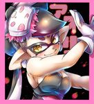  1girl aori_(splatoon) bare_shoulders black_background black_dress black_hair blush bow breasts character_name cleavage close-up commentary_request domino_mask dress earrings eyebrows food food_on_head gloves hair_bow hat jewelry kuga_hotaru large_breasts long_hair looking_at_viewer mask mole mole_under_eye object_on_head pointy_ears smile solo splatoon_(series) splatoon_1 strapless symbol-shaped_pupils tentacle_hair tentacles thick_eyebrows upper_body white_gloves yellow_eyes 