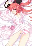  absurdres bad_id bad_pixiv_id black_ribbon colorized date_a_live eyebrows_visible_through_hair from_above hair_between_eyes hair_ribbon highres itsuka_kotori japanese_clothes kimono long_hair looking_at_viewer looking_back lying on_stomach open_mouth panties qing_cui red_eyes red_hair restrained ribbon solo striped striped_panties underwear very_long_hair 