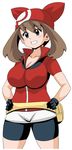  bandana bike_shorts blue_eyes breasts brown_hair cleavage gloves haruka_(pokemon) highres jpeg_artifacts koutarosu large_breasts long_hair open_mouth pokemon pokemon_(game) smile solo white_background 