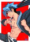  abs adonis_belt ainu_clothes bad_id bad_pixiv_id bare_shoulders blue_eyes blue_hair grin groin looking_at_viewer male_focus muscle nipples shaman_king shirtless shoco_(sco_labo) smile solo torn_clothes usui_horokeu 