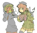  2girls :&lt; accordion assault_rifle beret brown_eyes brown_hair cape cigarette cowl dark_skin famas female flying_sweatdrops food france french_flag frown fruit green_eyes green_hair gun hat hood instrument isis-chan jarv melon military military_uniform multiple_girls musical_note original parody patch playing_instrument ponytail rifle simple_background skirt small_breasts smoking standing sweatdrop tears thighhighs uniform weapon white_background zettai_ryouiki 