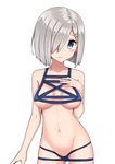  azu_(azusayumix) blue_eyes blush breasts collarbone commentary_request cowboy_shot hair_ornament hair_over_one_eye hairclip hamakaze_(kantai_collection) hand_on_own_chest jpeg_artifacts kantai_collection looking_at_viewer medium_breasts meme_attire navel rei_no_mizugi school_swimsuit short_hair silver_hair simple_background solo swimsuit tareme wavy_mouth white_background 