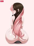  anal anal_object_insertion ass brown_hair butt_plug dildo jlullaby large_insertion licking_lips long_hair looking_at_viewer looking_back masturbation multicolored_hair neo_(rwby) nude object_insertion pink_background pink_eyes pink_hair rwby solo tongue tongue_out 