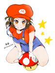  breasts bright_pupils brown_hair full_body genderswap genderswap_(mtf) gloves hat highres kirikirimai_(kkm) large_breasts mario mario_(series) orange_eyes overalls simple_background smile solo star super_mario_bros. white_background white_gloves 