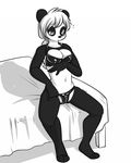  bear bed black_and_white blush breasts clothed clothing female mammal monochrome panda rubber saucy simple_background skimpy solo tia_(karmandel) tight_clothing 