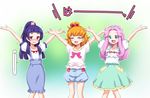  :d \o/ ^_^ arms_up asahina_mirai blonde_hair closed_eyes embarrassed flying_sweatdrops green_eyes hanami_kotoha highres izayoi_liko jpeg_artifacts kazuma_muramasa mahou_girls_precure! multiple_girls open_mouth outstretched_arms pink_hair precure purple_hair red_eyes smile spread_arms 