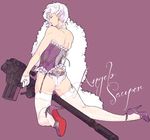  1boy androgynous angelo_sauper bare_shoulders character_name choker closed_mouth corset crossdressing earrings eyelashes flat_color frills from_behind full_body fur garters gloves gundam gundam_unicorn half_gloves high_heels lingerie looking_back male_focus panties profile purple_background purple_eyes ribbon silver_hair simple_background snj solo stockings wavy_hair weapon 