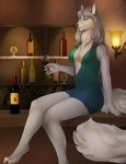  adelaherz alcohol anthro bar beverage bottle breasts canine clothed clothing female glass half-closed_eyes hi_res inside looking_at_viewer mammal sitting smile solo wine 