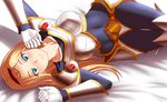  absurdres armor blonde_hair blue_eyes bodysuit boobplate breastplate collarbone covered_navel danfer3 gloves hairband highres league_of_legends long_hair looking_at_viewer luxanna_crownguard lying on_back smile solo white_gloves 