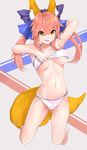  absurdres animal_ear_fluff animal_ears armpits ass_visible_through_thighs barefoot bikini bikini_lift blush breasts collarbone fang fate/extra fate_(series) fox_ears fox_tail full_body grey_background hair_between_eyes hair_ribbon hand_behind_head highres kneeling long_hair looking_at_viewer medium_breasts navel open_mouth pink_hair ribbon silver_(chenwen) solo swimsuit tail tamamo_(fate)_(all) tamamo_no_mae_(fate) twintails underboob yellow_eyes 