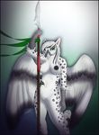 anthro areola avian beak big_breasts breasts feathered_wings feathers feline female gryphon hybrid leopard looking_at_viewer mammal melee_weapon navel nipples nude polearm pussy sierraex simple_background solo spear standing weapon wings 