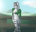  anthro areola bottomless breasts clothed clothing feline female looking_at_viewer mammal navel nipples outside pussy sierraex smile solo standing stripes tiger 