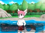  anthro blue_eyes blush canine child clothing coshidragonite cub dialogue english_text fennec fox frown fur hair hands_behind_back looking_at_viewer male mammal navel nipples outside pink_hair river solo swimming_trunks swimsuit text user_interface visual_novel white_fur wolf young 