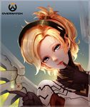  :p absurdres bangs black_gloves blonde_hair blue_eyes bodysuit copyright_name emblem eyelashes gloves glowing glowing_wings hair_ornament hair_tie high_collar highres jewelry kiyomasa_ren lips lipstick logo looking_at_viewer makeup mechanical_halo mechanical_wings mercy_(overwatch) overwatch pink_lips pink_lipstick ponytail single_earring solo spread_wings tongue tongue_out turtleneck upper_body wings yellow_wings 