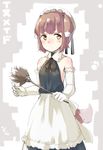  :/ animal_ears apron bare_shoulders black_ribbon blush brown_eyes brown_hair closed_mouth detached_collar dog_ears dog_tail dress elbow_gloves eyebrows feather_duster gloves hat highres holding maid neck_ribbon nose_blush original ribbon short_hair sketch sleeveless sleeveless_dress solo tail thick_eyebrows translated u_(mikaduki0720) waist_apron white_gloves white_hat 