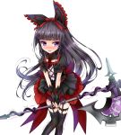  back_bow bangs black_gloves black_hair black_legwear blunt_bangs blush bow cleavage_cutout dress embarrassed eyebrows_visible_through_hair female flat_chest frilled_dress frills gate_-_jieitai_ka_no_chi_nite_kaku_tatakaeri gloves gothic_lolita hair_ribbon halberd hands_together have_to_pee heart highres holding holding_weapon huge_weapon knees_together_feet_apart lolita_fashion long_hair necktie nose_blush open_mouth polearm puffy_short_sleeves puffy_sleeves purple_eyes ratryu red_neckwear red_ribbon ribbon rory_mercury shiny shiny_hair short_sleeves simple_background solo standing sweat tears thighhighs trembling v_arms weapon white_background 