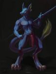  2016 abs anthro armpits biceps big_claws big_ears bulge chunie claws clothed clothing dewclaw digital_media_(artwork) digitigrade dragon hi_res holding_object loincloth long_tail male muscular muscular_male pecs penis penis_base scales scalie simple_background solo standing toe_claws topless 