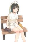  :3 animal animal_on_head bad_id bad_pixiv_id beige_skirt bench blush brown_eyes brown_hair cat cat_on_head choker closed_eyes fangs long_hair lying on_head on_stomach open_mouth original pencil_skirt short_sleeves simple_background sitting skirt u_(mikaduki0720) white_background white_skirt |_| 