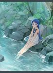  bangs bare_arms blue_eyes blue_hair blush commentary_request eyebrows forest full_body hands_on_legs hands_on_own_thighs jewelry kantai_collection letterboxed long_hair looking_at_viewer nature neckerchief no_gloves oge_(ogeogeoge) outdoors ring river rock samidare_(kantai_collection) school_uniform serafuku sitting skirt sleeveless smile soaking_feet solo tree very_long_hair wedding_band white_skirt 