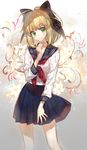  artoria_pendragon_(all) blonde_hair blush capsule_servant chocoan command_spell fate/stay_night fate/unlimited_codes fate_(series) green_eyes hair_ribbon looking_to_the_side master_artoria ponytail ribbon saber_lily school_uniform serafuku solo 