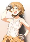  :d ^_^ bare_shoulders blush breasts closed_eyes clothes_around_waist freckles girls_und_panzer gloves gradient gradient_background hand_on_forehead hand_on_hip jumpsuit open_mouth orange_hair overalls pandain see-through shirt short_hair sleeveless small_breasts smile solo sweat tank_top tsuchiya_(girls_und_panzer) upper_body wet wet_clothes white_shirt 