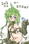  2016 ahoge arched_back ass bare_shoulders bird bird_on_hand breasts clo53837533 dated dryad eyebrows eyebrows_visible_through_hair green_hair highres kii_(monster_musume) monster_girl monster_musume_no_iru_nichijou nipples nude paws plant plant_girl plant_hair purple_eyes simple_background small_breasts solo vines white_background younger 