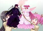  2girls akemi_homura black_hair crossover doll kaname_madoka long_hair mahou_shoujo_madoka_magica pink_eyes pink_hair school_uniform short_hair simple_background thunderbolt_fantasy twintails 