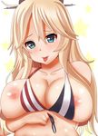  :p american_flag_bikini bikini blonde_hair blue_eyes breasts flag_print front-tie_top headgear hifumi_kei highres iowa_(kantai_collection) kantai_collection large_breasts long_hair looking_at_viewer nipples solo star star-shaped_pupils swimsuit symbol-shaped_pupils tongue tongue_out upper_body 