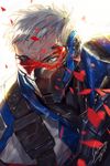  artist_name blue_eyes broken_mask covered_mouth face_mask jacket male_focus mask overwatch scar scar_across_eye serious shards signature soldier:_76_(overwatch) solo upper_body visor white_hair 