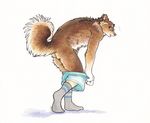  2016 bent_over blue_eyes brown_fur canine clothed clothing dog ear_piercing eyewear fur glasses kaputotter legwear looking_at_viewer looking_back male mammal nude pants_down partially_clothed piercing socks solo surprise 