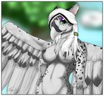  anthro areola avian beak big_breasts breasts feathered_wings feathers feline female gryphon hybrid leopard looking_at_viewer mammal navel nipples nude sierraex smile snow_leopard solo standing wings 