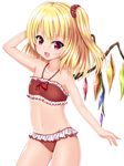  :d alternate_costume bare_shoulders bikini blush collarbone cowboy_shot crystal fang flandre_scarlet frilled_swimsuit frills groin hair_ornament hair_scrunchie halter_top halterneck highres looking_at_viewer navel open_mouth red_bikini scrunchie side_ponytail smile solo swimsuit touhou u2_(5798239) wings 
