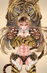  abs animal_ears brown_hair burning_eyes claws cowboy_shot crossed_arms facial_mark floating_hair frown highres jinko_(monster_girl_encyclopedia) long_hair looking_at_viewer monster_girl monster_girl_encyclopedia muscle muscular_female navel orange_eyes pauldrons paundo2 paws serious solo tail tiger tiger_ears tiger_paws tiger_tail 