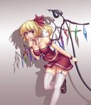  alternate_costume bent_over blonde_hair breasts choker cleavage collarbone crystal fangs flandre_scarlet garter_straps gradient gradient_background hair_ribbon hater_(hatater) highres jewelry laevatein leg_up looking_to_the_side looking_up medium_breasts midriff miniskirt mole mole_on_breast necklace off_shoulder piercing red_eyes ribbon shirt short_hair short_sleeves side_ponytail skirt skirt_set slit_pupils smile solo t-shirt thighhighs tongue tongue_out tongue_piercing touhou upskirt v white_legwear wings wrist_cuffs zettai_ryouiki 