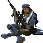  alternate_costume ana_(overwatch) beret black_hair blue_jacket brown_eyes captain_amari dark_skin emblem facial_mark facial_tattoo gloves gun hat holding holding_gun holding_weapon indian_style jacket lips long_hair looking_at_viewer marceline2174 nose overwatch red_lips rifle short_sleeves signature simple_background sitting smile sniper_rifle solo tattoo weapon white_background younger 