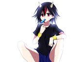  absurdres alternate_costume black_hair black_shirt blush bracer contemporary food food_in_mouth highres horns kijin_seija kobashino mouth_hold multicolored_hair popsicle red_eyes red_hair shirt short_hair short_sleeves shorts simple_background sitting solo streaked_hair sweat t-shirt touhou white_background 