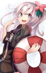  absurdres blue_eyes commentary flower hair_flower hair_ornament highres kantai_collection lifebuoy long_hair looking_at_viewer open_mouth pointing pointing_at_self ranf ro-500_(kantai_collection) silver_hair solo 