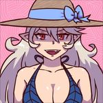  1girl akairiot bare_shoulders bikini cleveage fang hat long_hair looking_at_viewer open_mouth portrait red_eyes silver_hair smile swimsuit tagme 
