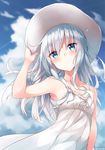  arm_at_side arm_up armpits artist_name bare_shoulders blue_eyes blue_sky blush closed_mouth cloud collarbone day dress eyebrows eyebrows_visible_through_hair floating_hair hand_on_headwear hat head_tilt hibiki_(kantai_collection) highres kantai_collection long_hair looking_afar outdoors ribbon signature silver_hair sky sleeveless sleeveless_dress solo sun_hat sundress upper_body very_long_hair white_dress white_hat white_ribbon wind yakitori_(yakitori06) 