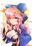  2016 animal_ears bell bell_collar blush breasts cleavage collar dated detached_sleeves fang fate/extra fate/grand_order fate_(series) fox_ears fox_tail hood japanese_clothes large_breasts open_mouth paw_pose pink_hair puyue signature solo tail tamamo_(fate)_(all) tamamo_no_mae_(fate) yellow_eyes 