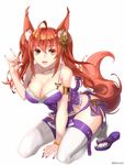  aken animal_ears breasts cleavage fox_ears fox_girl fox_shadow_puppet fox_tail hair_ornament japanese_clothes large_breasts long_hair looking_at_viewer open_mouth orange_eyes original simple_background smile solo tail thighhighs white_legwear 