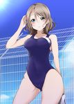  :o bangs bare_arms bare_shoulders blue_eyes blue_sky blue_swimsuit blush breasts brown_hair cloud collarbone competition_swimsuit contrapposto covered_navel cowboy_shot day eyebrows eyebrows_visible_through_hair eyelashes fence hair_between_eyes hand_up hip_bones holding lens_flare looking_at_viewer love_live! love_live!_sunshine!! medium_breasts one-piece_swimsuit outdoors seseri7th short_hair skin_tight sky solo standing sun swept_bangs swim_cap_removed swimsuit watanabe_you 