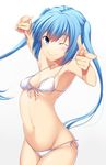  ;) \m/ bikini blue_eyes blue_hair blush breasts eyebrows eyebrows_visible_through_hair highres long_hair looking_at_viewer no_nose one_eye_closed original side-tie_bikini small_breasts smile solo swimsuit tsugaru_(co-walker) twintails white_bikini 