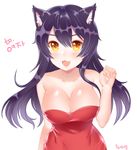  :3 ahri animal_ears black_hair blush breasts cleavage dress fang fox_ears highres large_breasts league_of_legends long_hair looking_at_viewer open_mouth paw_pose red_dress solo strapless strapless_dress ubi_(ekdus6080) upper_body yellow_eyes 