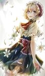  air alice_margatroid ascot backlighting bad_id bad_twitter_id blonde_hair blue_dress capelet dress flower frilled_capelet frills hairband highres jan_(lightdragoon) light_rays lily_(flower) looking_up open_mouth petals short_hair short_sleeves smile solo teeth tongue touhou 