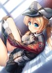  absurdres adjusting_clothes adjusting_legwear anchor_hair_ornament black_legwear black_skirt blonde_hair blush breasts eyebrows eyebrows_visible_through_hair gloves green_eyes hair_ornament hat highres kantai_collection large_breasts long_hair looking_at_viewer lying on_back panties prinz_eugen_(kantai_collection) raiou skirt solo thighhighs twintails underwear white_gloves white_panties 